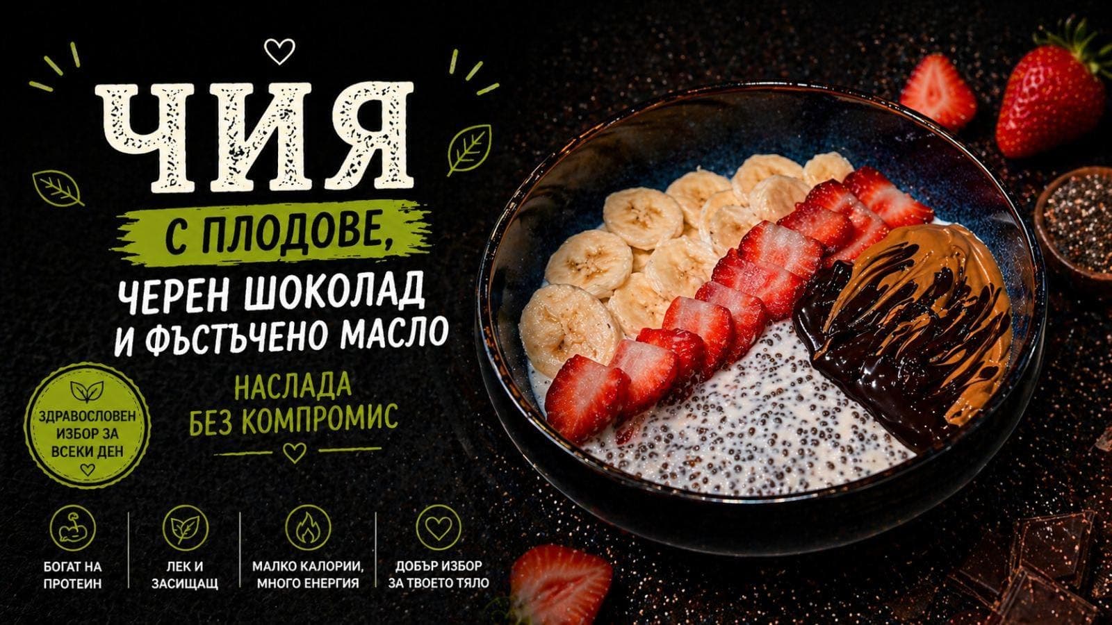 Чия с плодове,фъстъчено масло и шоколад